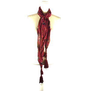 Mudd Scarf Rectangle 72" X 15" Tassels Birds Sparrows Bermuda Red Gray Black